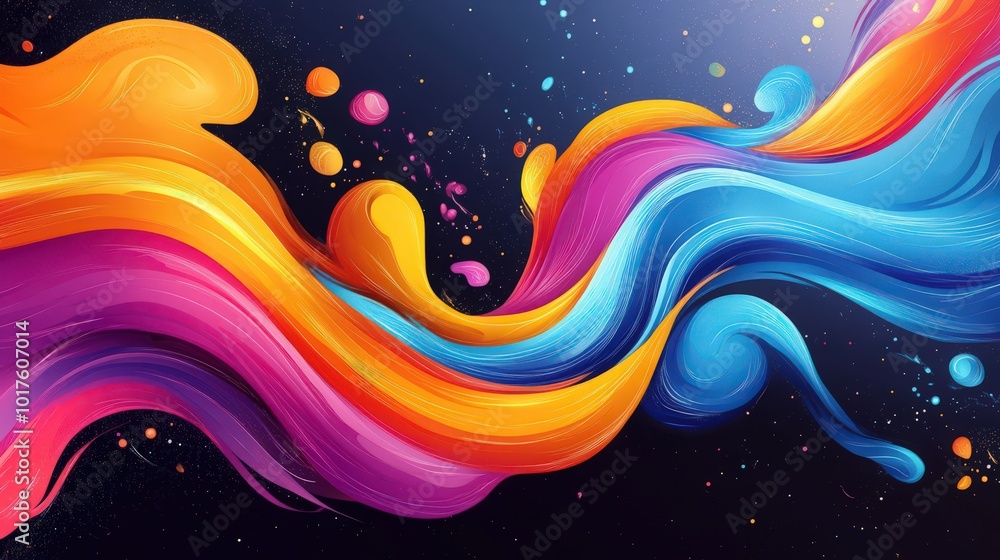 Poster dynamic and colorful, this abstract background features swirling ribbon strokes and splash waves.