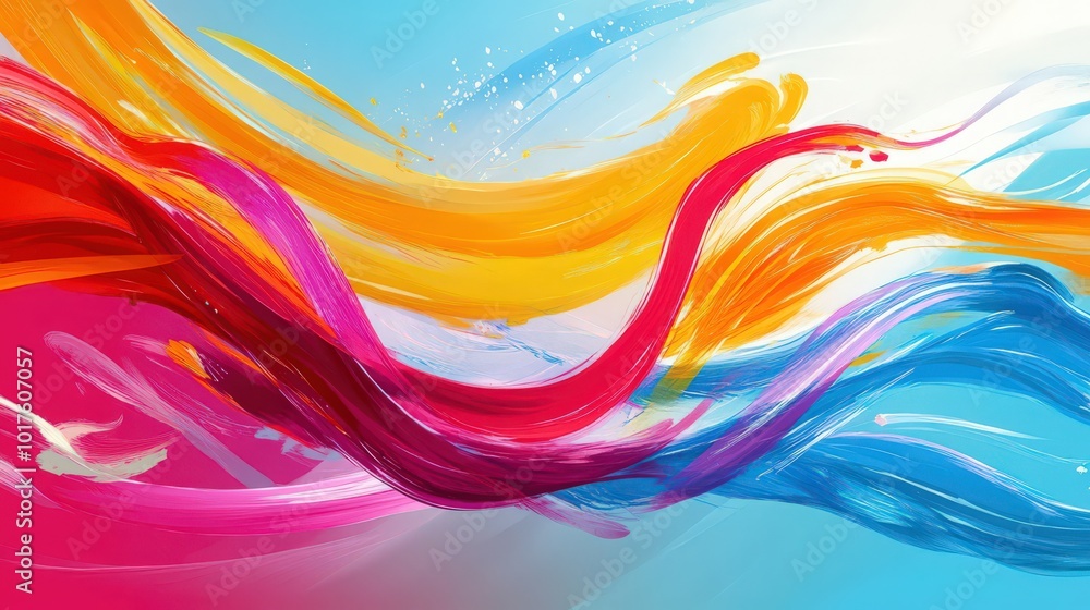 Poster dynamic and colorful, this abstract background features swirling ribbon strokes and splash waves.