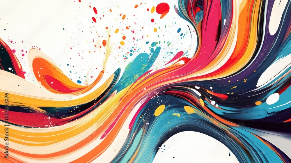 Poster dynamic and colorful, this abstract background features swirling ribbon strokes and splash waves.