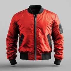 Red bomber jacket with black zippers and a black zipper.