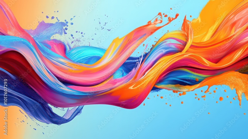 Poster dynamic ribbon strokes in vibrant colors blend seamlessly into an abstract wave and splash backgroun
