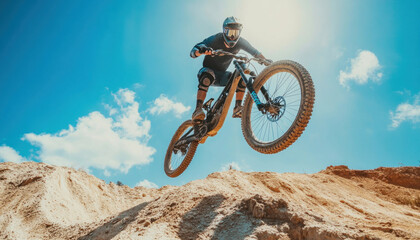 Professional cyclist performing extreme jump on mountain bike