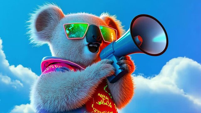 A fluffy koala wearing pink neon sunglasses and a bright pink and green patterned shirt, holding a blue megaphone with a pink rim, against a background of blue sky and white fluffy clouds.
