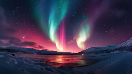 A panoramic view of the Northern Lights stretching across a vast, snow-covered landscape, with stars twinkling in the clear sky.