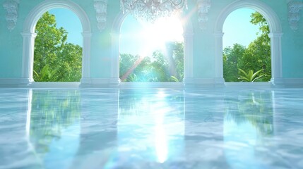 Fototapeta premium Elegant Ballroom Interior with Arched Windows and Sunbeams