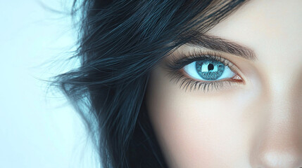 Close-up of a woman's piercing blue eye.