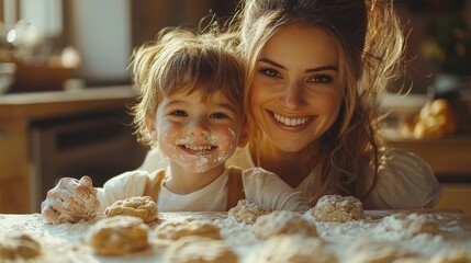A joyful mother and child baking cookies together in a cozy kitchen.