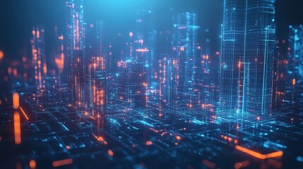 A cityscape made entirely of shifting holograms, with buildings constantly dissolving and reforming into strange, surreal shapes, Simulation, Sci-fi, Neon Glow, Futuristic