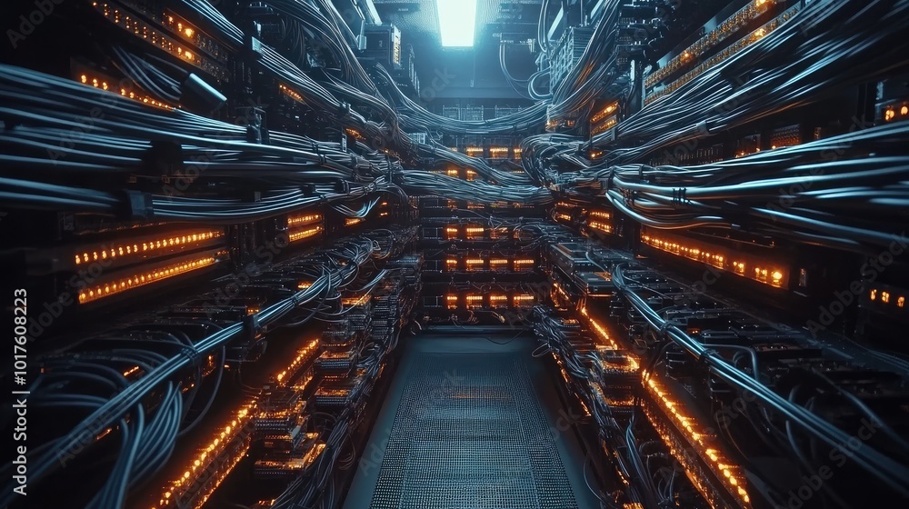 Poster lan cables in a high-tech server room, illustrating the infrastructure behind secure internet techno