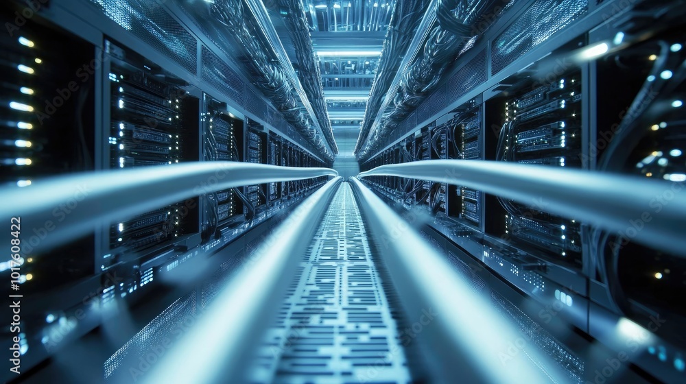 Poster lan cables run through a server rack, symbolizing data transmission and secure internet technology i