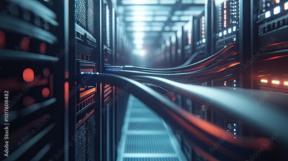 Poster lan cables run through a server rack, symbolizing data transmission and secure internet technology i