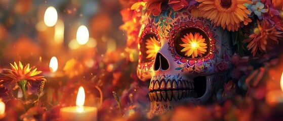 A sugar skull decorated with vibrant flowers, surrounded by flickering candles and warm hues. The focus is on the face, in a front view, with a Day of the Dead style background, soft lighting