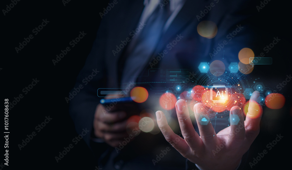 Poster a businessman holding a glowing ai symbol with futuristic data graphics, representing artificial int
