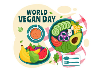World Vegan Day Vector Illustration featuring a Variety of Vegetables and Fruits to Celebrate the Vegan Lifestyle in a Flat Style Cartoon Background