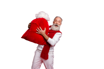 Hipster grey haired man unusual santa with traditionally large bag wear fashion knitted clothes isolated red background