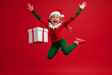 A young girl dressed as an elf is jumping in the air with joy, holding presents isolated over bright vivid shine red background stock photo