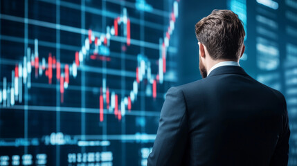 Businessman observing financial graph with rising trends, reflecting market analysis and investment strategies. atmosphere conveys sense of focus and determination