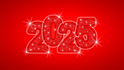 Banner New Year 2025 light glitter typography with pattern and neon outline 2025. New Year 2025 on red background