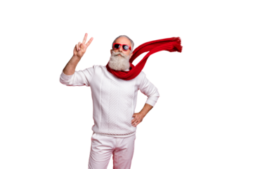 Trendy well-dressed santa character style showing v-sign wear sun specs knitted clothes isolated red background