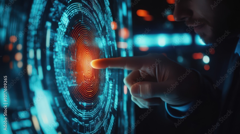 Aufkleber ensuring network security, a businessman scans his fingerprint to access sensitive data.