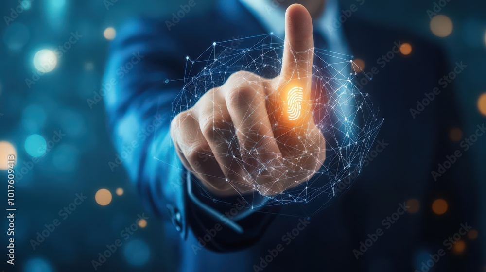 Poster ensuring network security, a businessman scans his fingerprint to access sensitive data.
