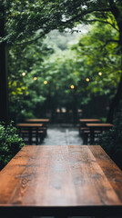 Empty wooden table in a lush green garden with string lights.