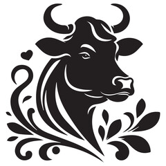Black Cow Head Silhouette Vector Isolated on White Background