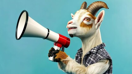 A goat with a plaid shirt and a megaphone, looking excited and ready to make an announcement against a blue background.