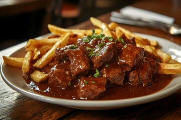 Zoomed-in view of a plate of Flemish stew with crispy French fries, the glossy beer sauce and tender beef in focus, set on a wooden table in a cozy, rustic kitchen, with antique kitchen utensils softl