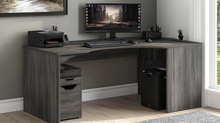 Modern Home Office Desk with Computer Setup