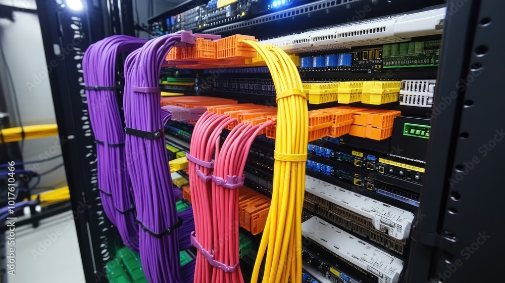 Poster neatly organized lan cables connect to a high-tech server, highlighting data storage and secure inte
