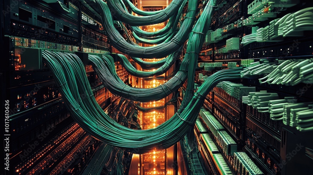 Poster neatly organized lan cables connect to a high-tech server, highlighting data storage and secure inte