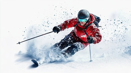 Skier in Red Jacket Carving Through Powder
