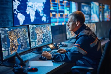 Control Room Operator Monitoring City Infrastructure and Global Operations on Multiple Screens