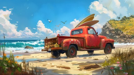 Fototapeta premium Illustrate a pickup truck at a beach, loaded with surfboards and beach gear, ready for a day of fun in the sun.