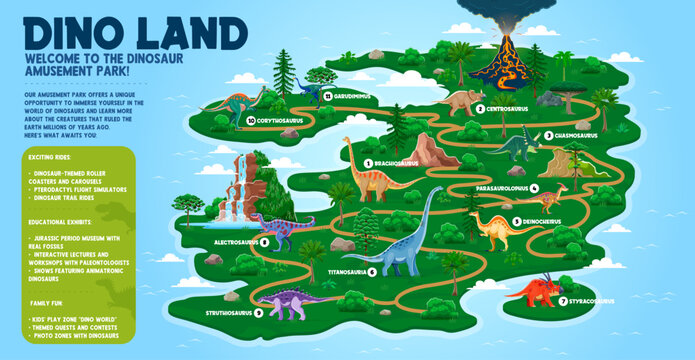 Dino park map with prehistoric dinosaur animals of Jurassic era, vector template. Dino land amusement park and prehistoric dinosaurs exhibition island map with direction to extinct animals and lizards