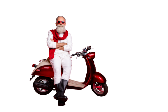 Amazing aged man sitting on retro moped with crossed arms wear jumper and trousers isolated red background