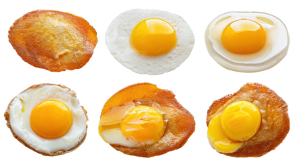 Set of eggs, hard soft boil, sunny side up, fried, bull's eye, runny cracked shell yolk on transparent background 