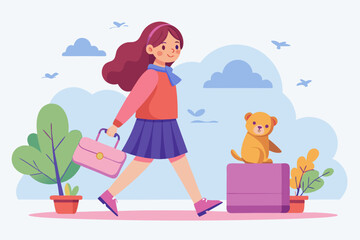  A girl is walking with a pink suitcase and a teddy bear Editable all layer vector illustration