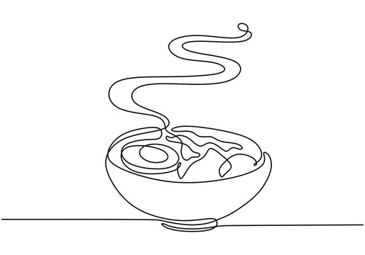 Naklejki Continuous line drawing of a bowl of ramen. Minimalist design for Asian cuisine and comfort food.