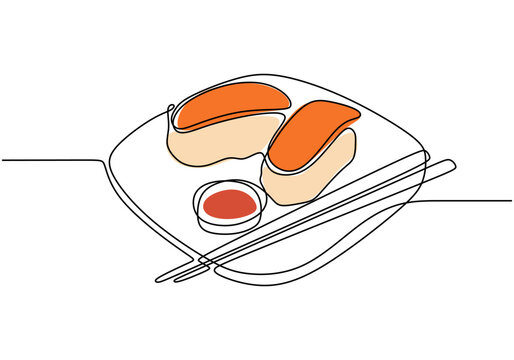 recommend clip art: One continuous line drawing of two sushi rolls. Simplified design for Asian food and culinary art.