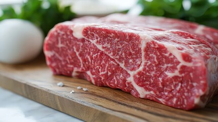 Obraz premium Premium Wagyu Beef Steak on Wooden Cutting Board Closeup