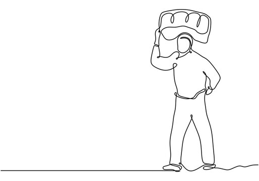 Man lifting a suitcase in one continuous line drawing. Minimalist design for travel and mobility themes. - Powered by Adobe