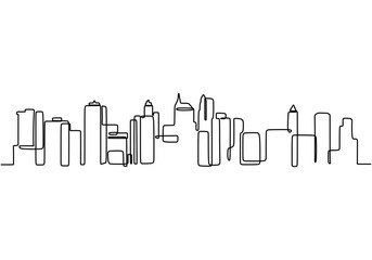 Continuous line drawing of skyline skyscrapers. Modern architecture reflecting urban living themes. © berkahlineart