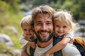 super-dad with son and daughter in the summer in nature, Generative AI