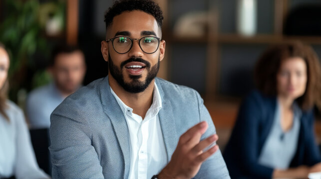 A consultant leading a workshop on how to implement digital transformation solutions in various industries, with an engaged audience.