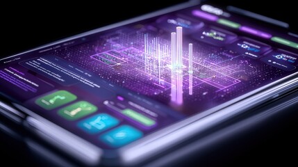 Futuristic Smartphone Interface with 3D Data Visualization and Analytics