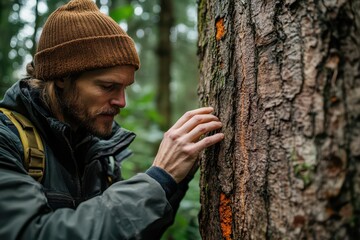 Close-up of conservationist examining tree bark for signs of disease, photorealistic dense forest background