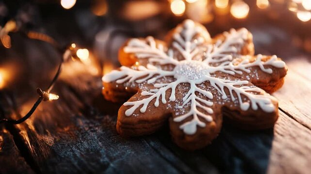 Christmas snowflake gingerbread cookie with white icing, resting on a wooden table surrounded by soft, festive lights, creating a warm winter holiday atmosphere. Video made using Generative AI.