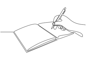 Hand writing in a book with a pen in continuous line drawing. Simple art showcasing study and writing.